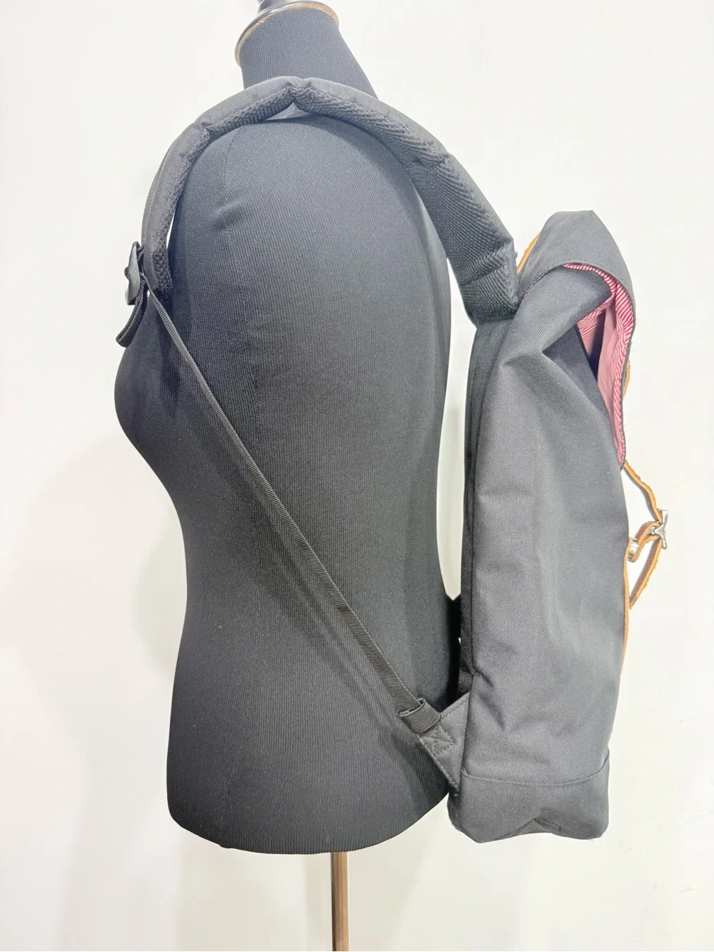 Hershel Retreat Backpack in Black Brown Saddle Canvas with Interior Red Stripe